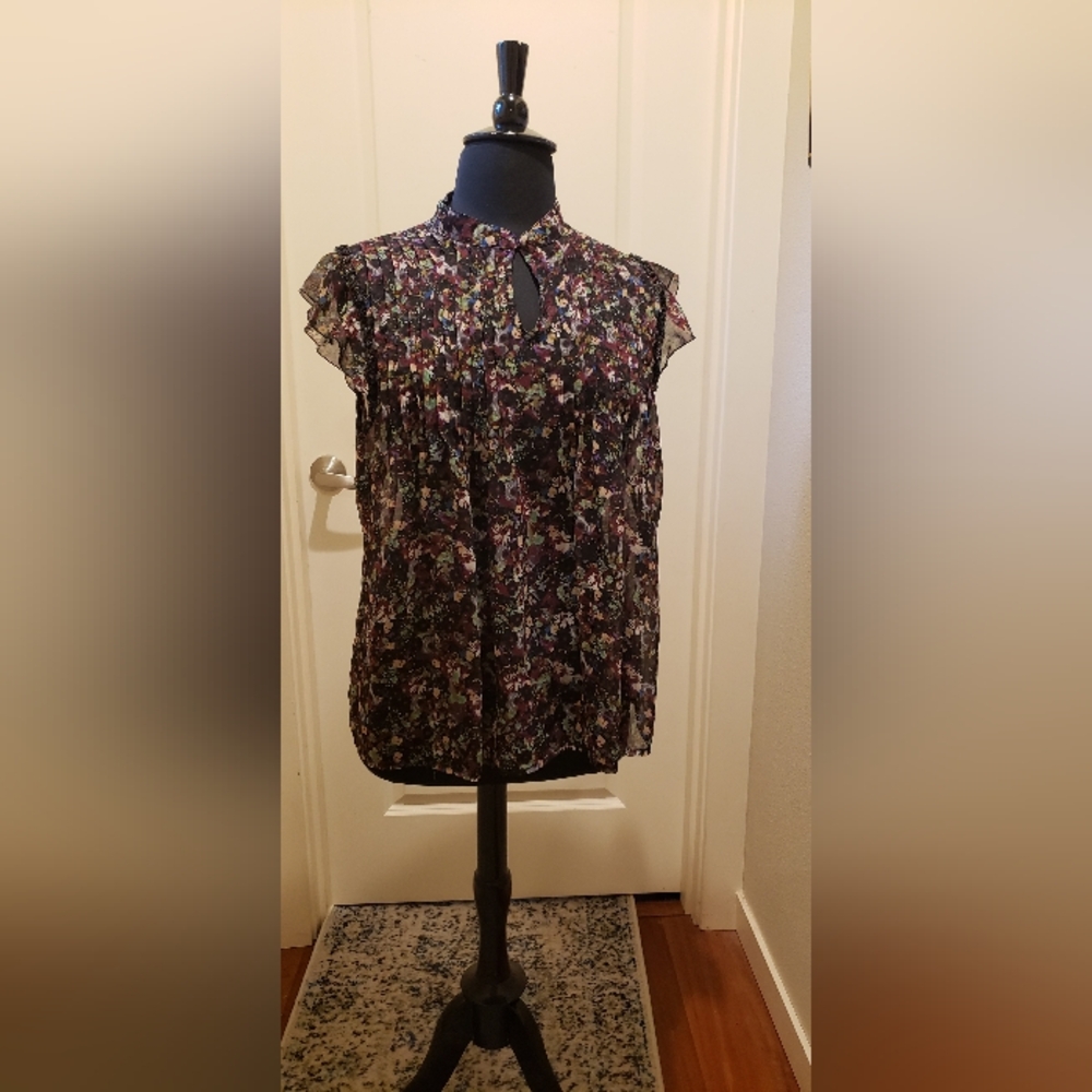 Ultra Pink Pleated Keyhole Floral Blouse - Black Multi